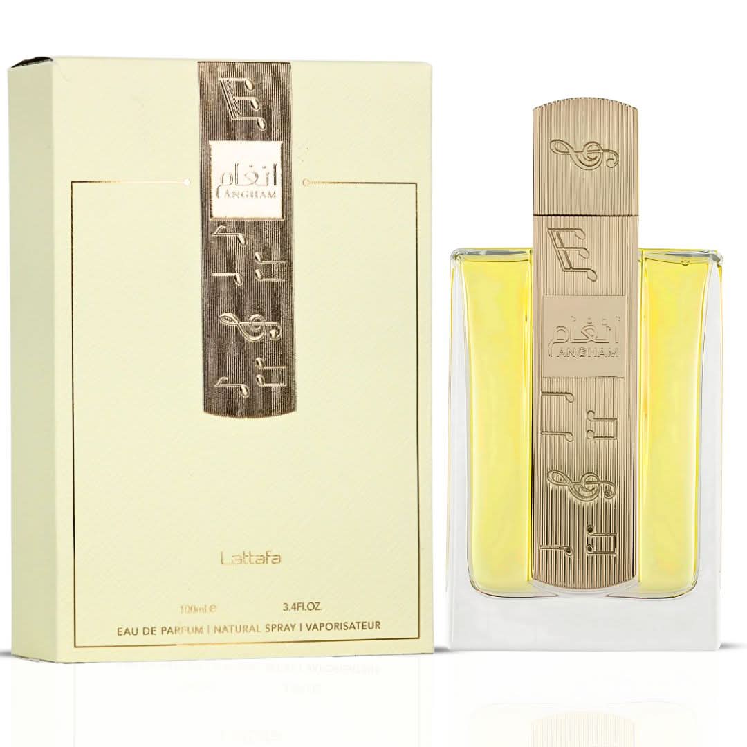 Lattafa Angham Eau de Parfum spray in 100ml bottle with elegant design, showcasing the fragrance packaging and branding.