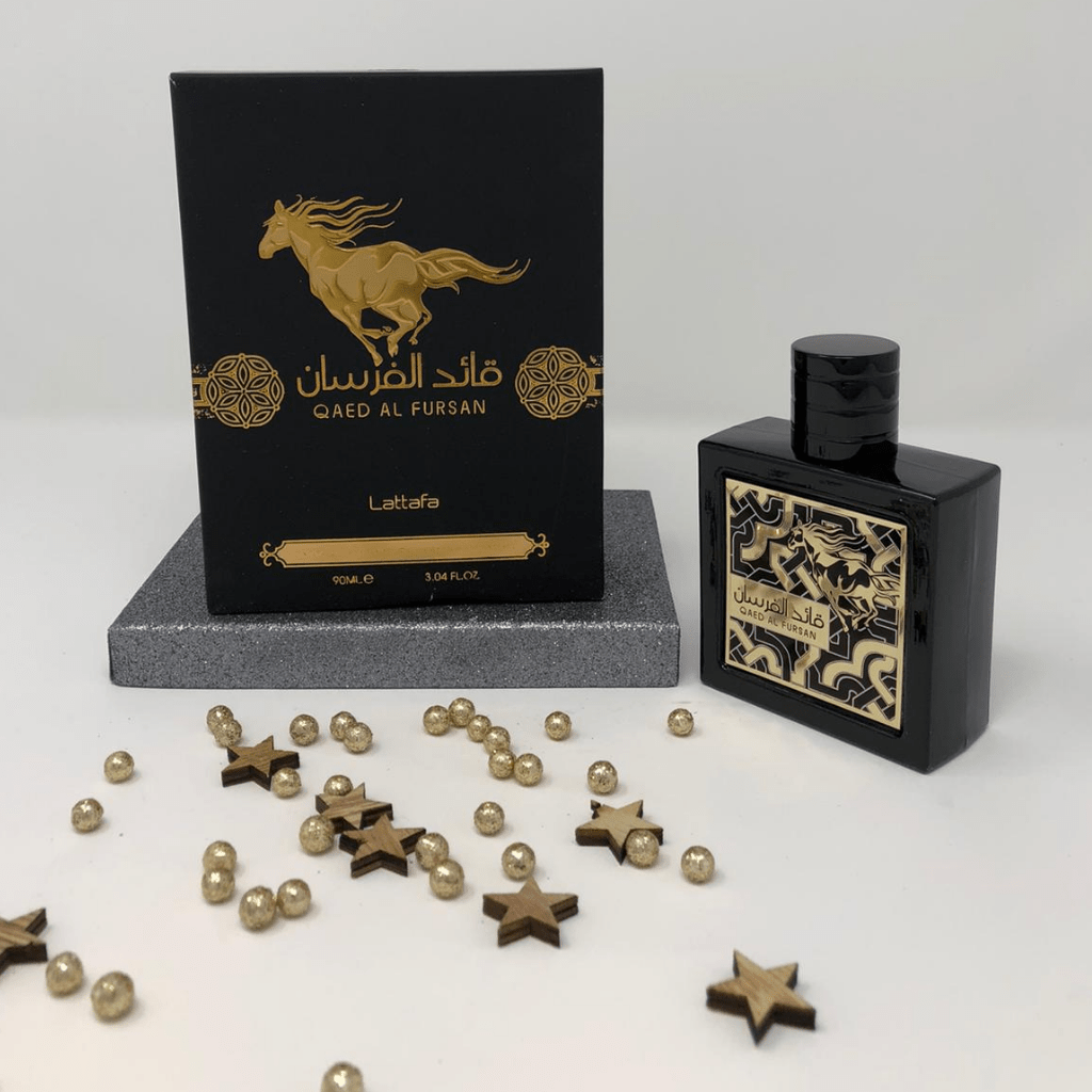 Qaed Al Fursan Eau de Parfum spray by Lattafa, 90ml bottle, with elegant packaging and fragrance details visible.