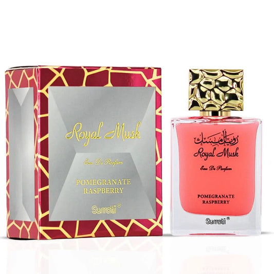 Surrati Royal Musk Pomegranate Raspberry Eau de Parfum spray 100ml, featuring a luxurious floral and fruity fragrance in a sleek bottle.