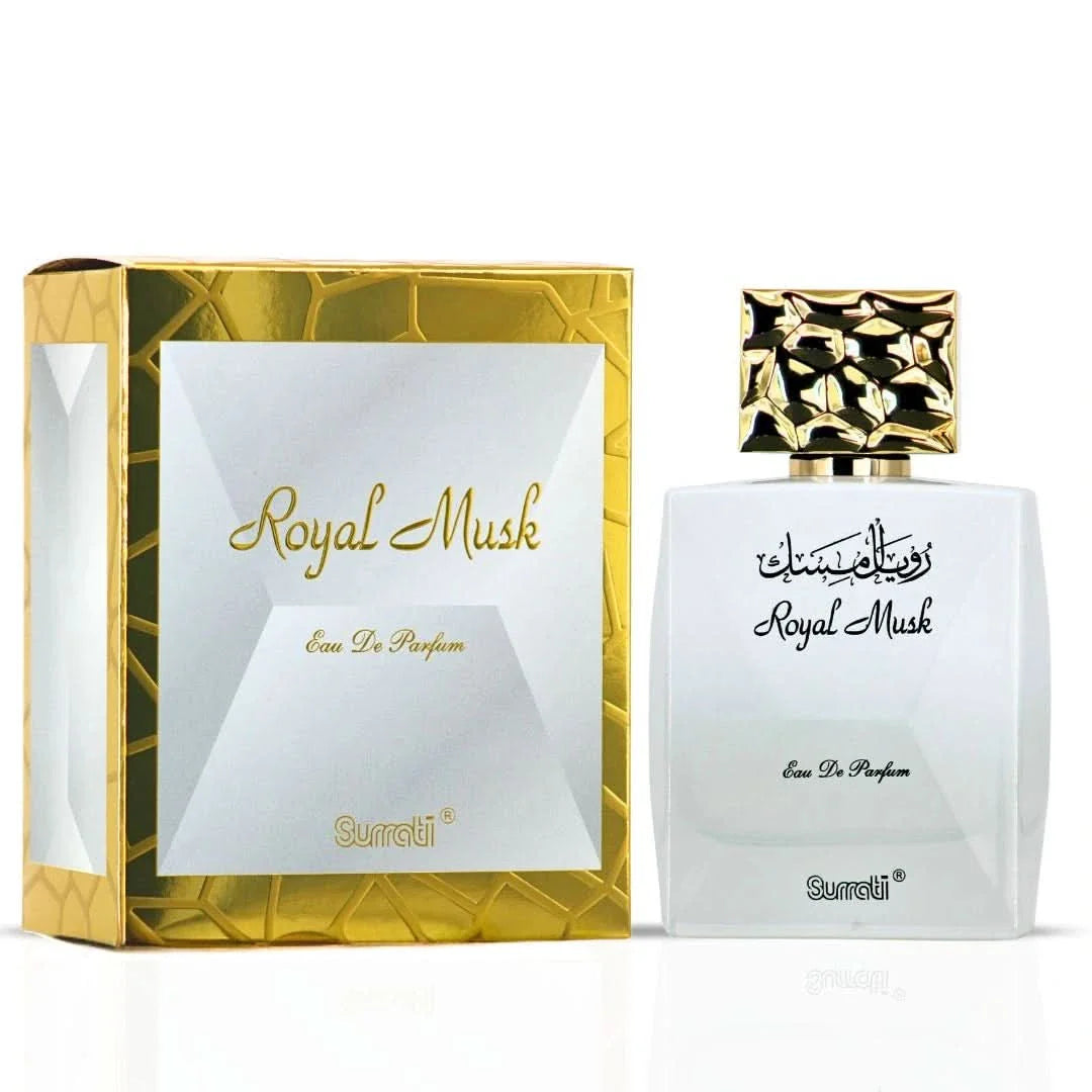 Surrati Royal Musk Eau de Parfum spray bottle, 100ml, with elegant packaging and scent profile visible on the bottle.