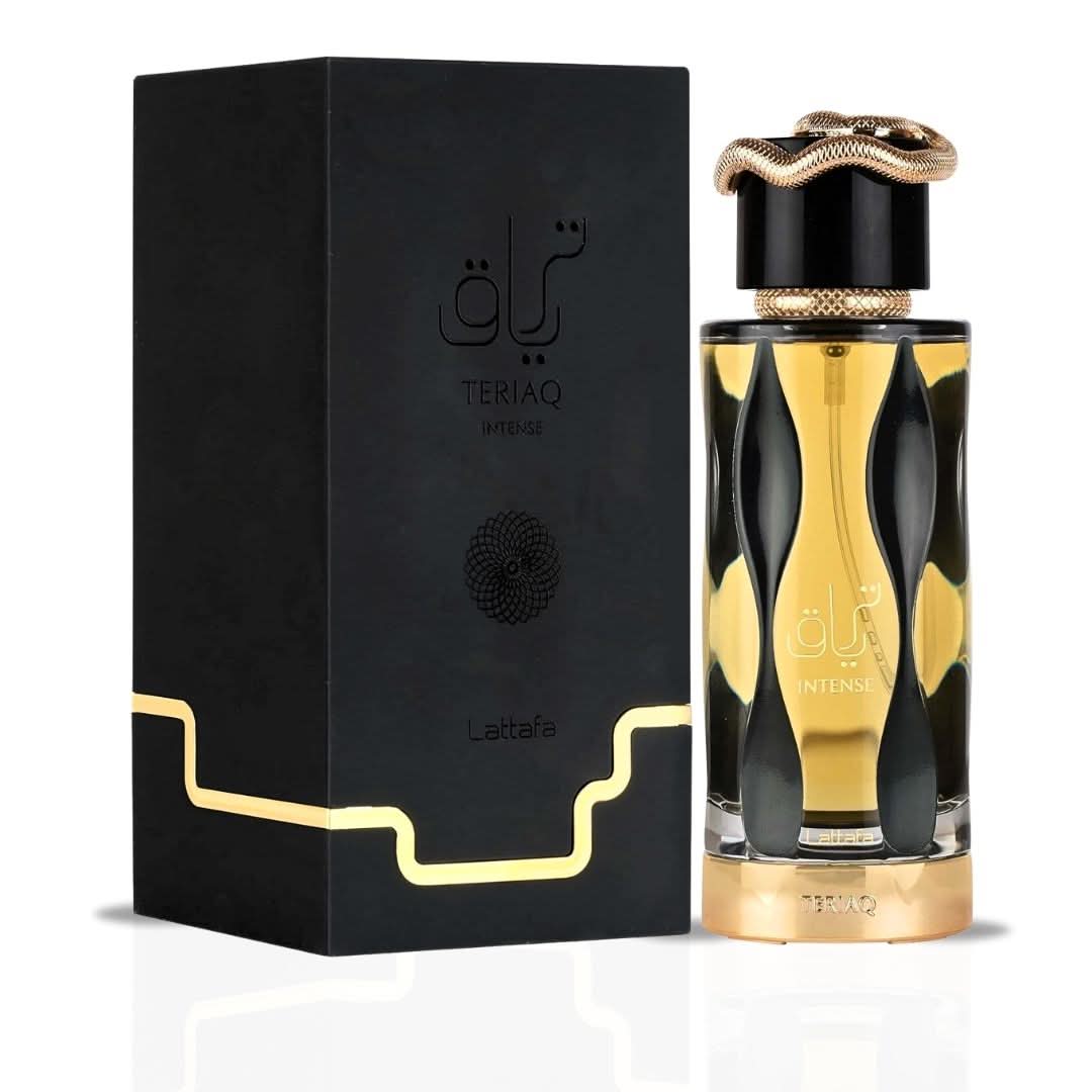 Lattafa Teriaq Intense Eau de Parfum spray, 100ml, featuring elegant perfume bottle with gold accents and a luxurious fragrance.