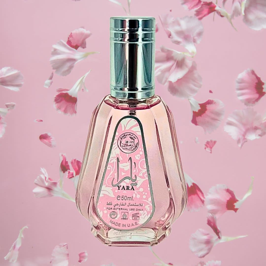 Yara Eau de Parfum Spray by Ard Al Zaafaran in 50ml bottle, elegant floral perfume with gold accents and sleek glass design.