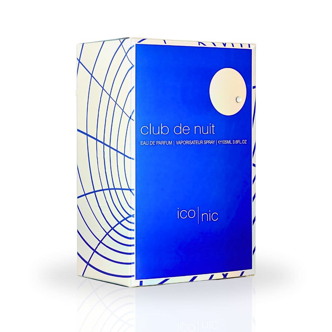 Armaf Club De Nuit Blue Iconic Eau de Parfum spray bottle, 105ml, with a sleek blue and silver design.