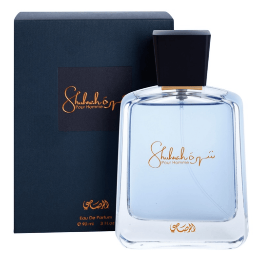 Rasasi Shuhrah Pour Homme Eau de Parfum spray bottle, 90ml, with sleek packaging and branding visible in the image.