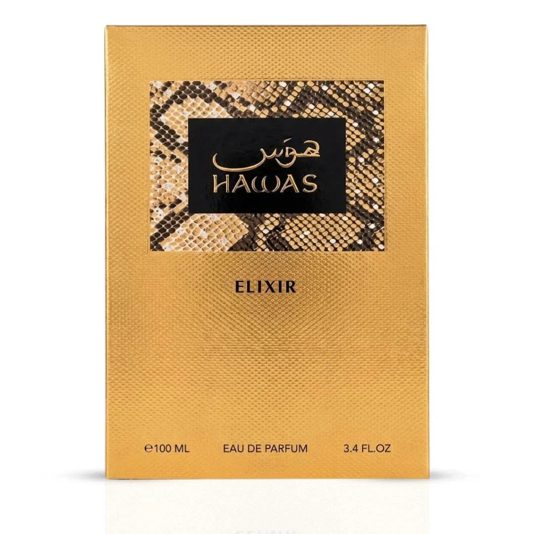 Rasasi Hawas Elixir Eau de Parfum spray 100ml, elegant bottle with a sleek design, showcasing the luxurious fragrance.