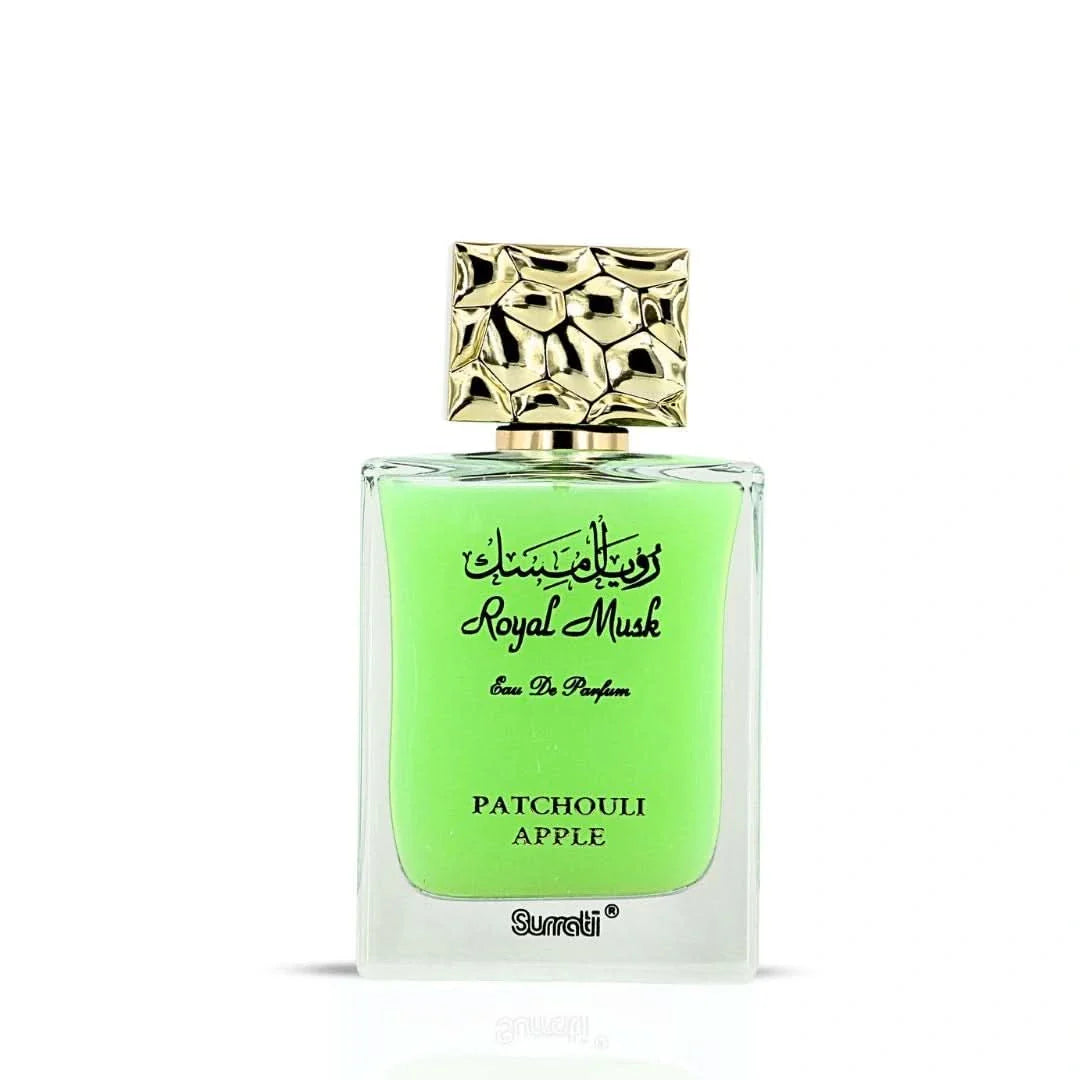 Surrati Royal Musk Patchouli Apple Eau de Parfum spray bottle, 100ml, with elegant packaging and fragrance details.