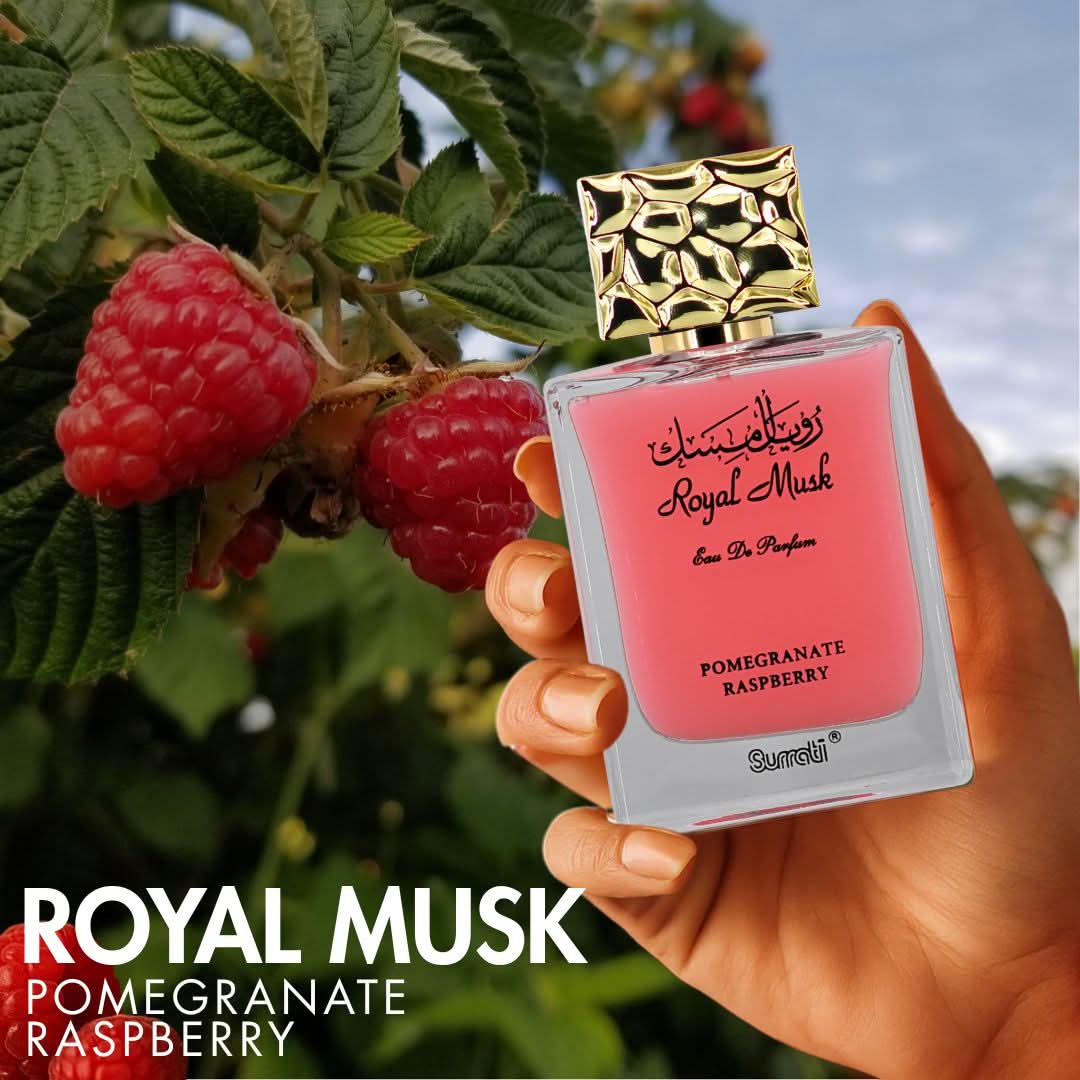 Surrati Royal Musk Pomegranate Raspberry Eau de Parfum spray 100ml with elegant bottle design and vibrant fruity fragrance.