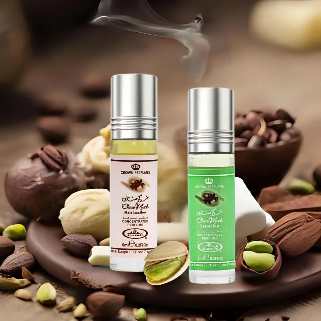 Al Rehab Choco Musk Marshmallow and Pistachio perfume oil bundle, 6ml bottles with elegant packaging and fragrance details.