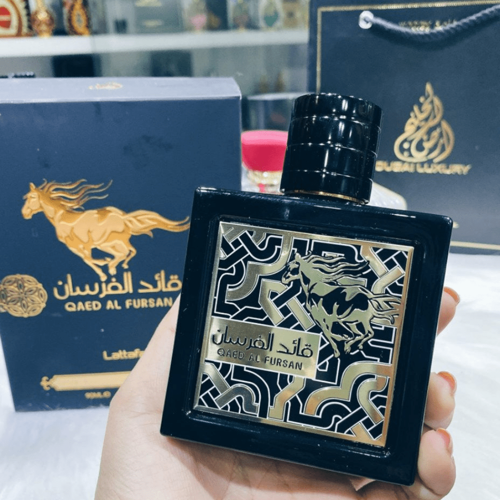 Qaed Al Fursan Eau de Parfum spray by Lattafa, 90ml bottle, with elegant design and fragrance details visible in the image.