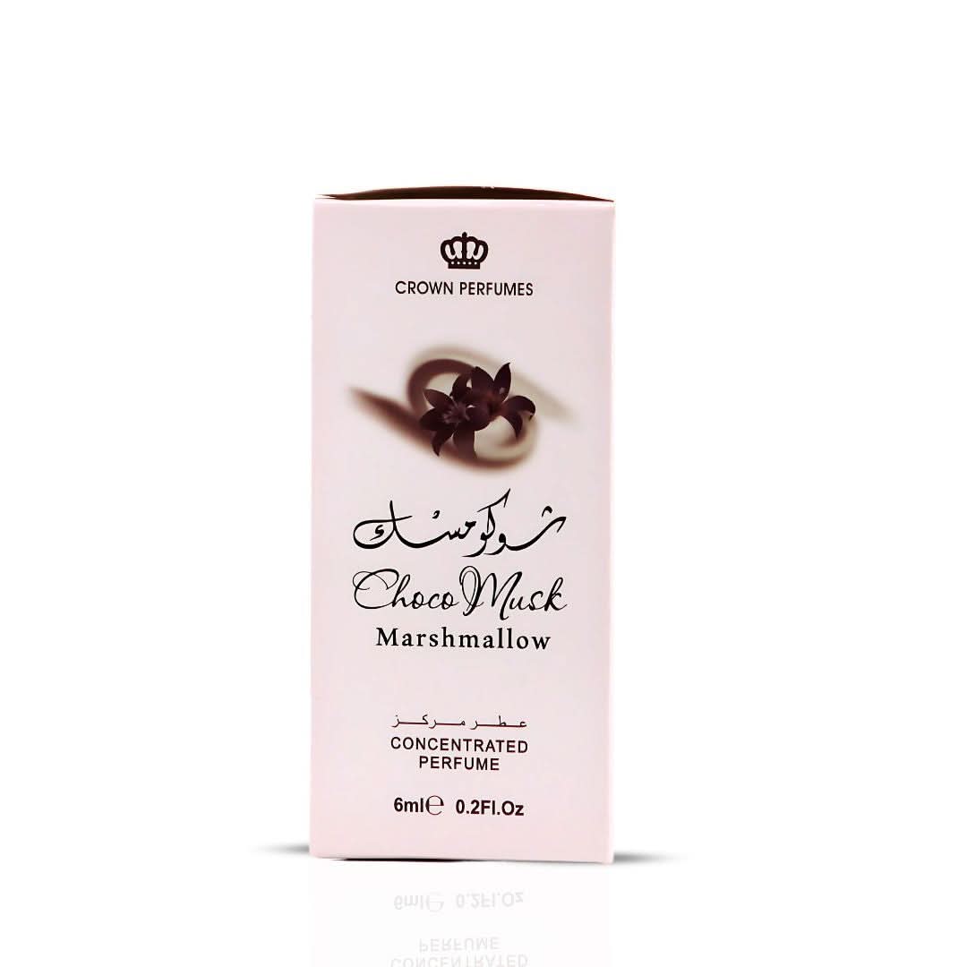 Bundle of three 6ml Choco Musk Marshmallow perfume oils by Al Rehab, featuring small glass bottles with perfume caps.
