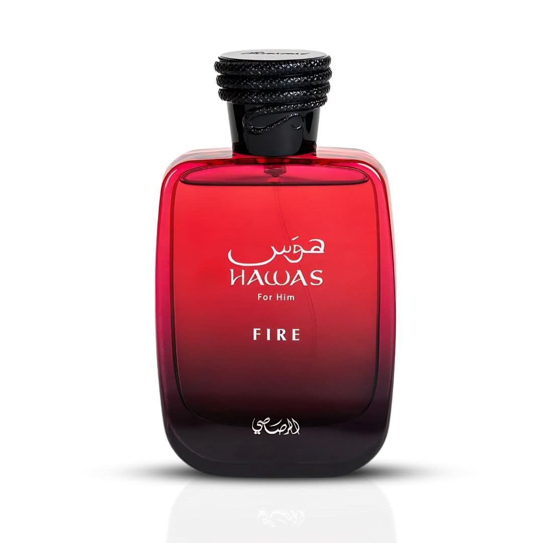 Rasasi Hawas Fire for Him Eau de Parfum spray 100ml bottle, sleek design, showcasing the fragrance packaging.