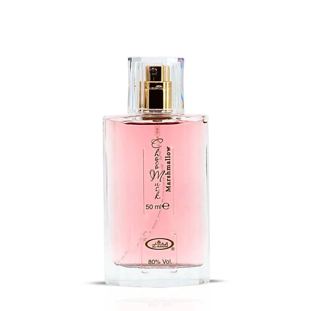 Al Rehab Choco Musk Marshmallow Eau De Parfum spray bottle with floral design and pink cap, 50ml.