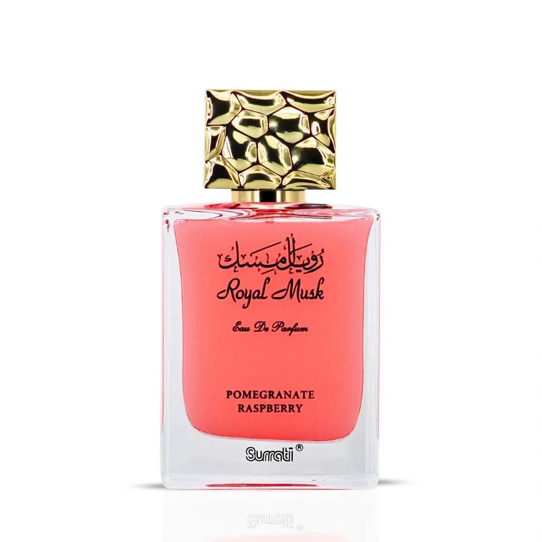 Surrati Royal Musk Pomegranate Raspberry Eau de Parfum spray bottle, 100ml, with elegant packaging and floral fruity scent.