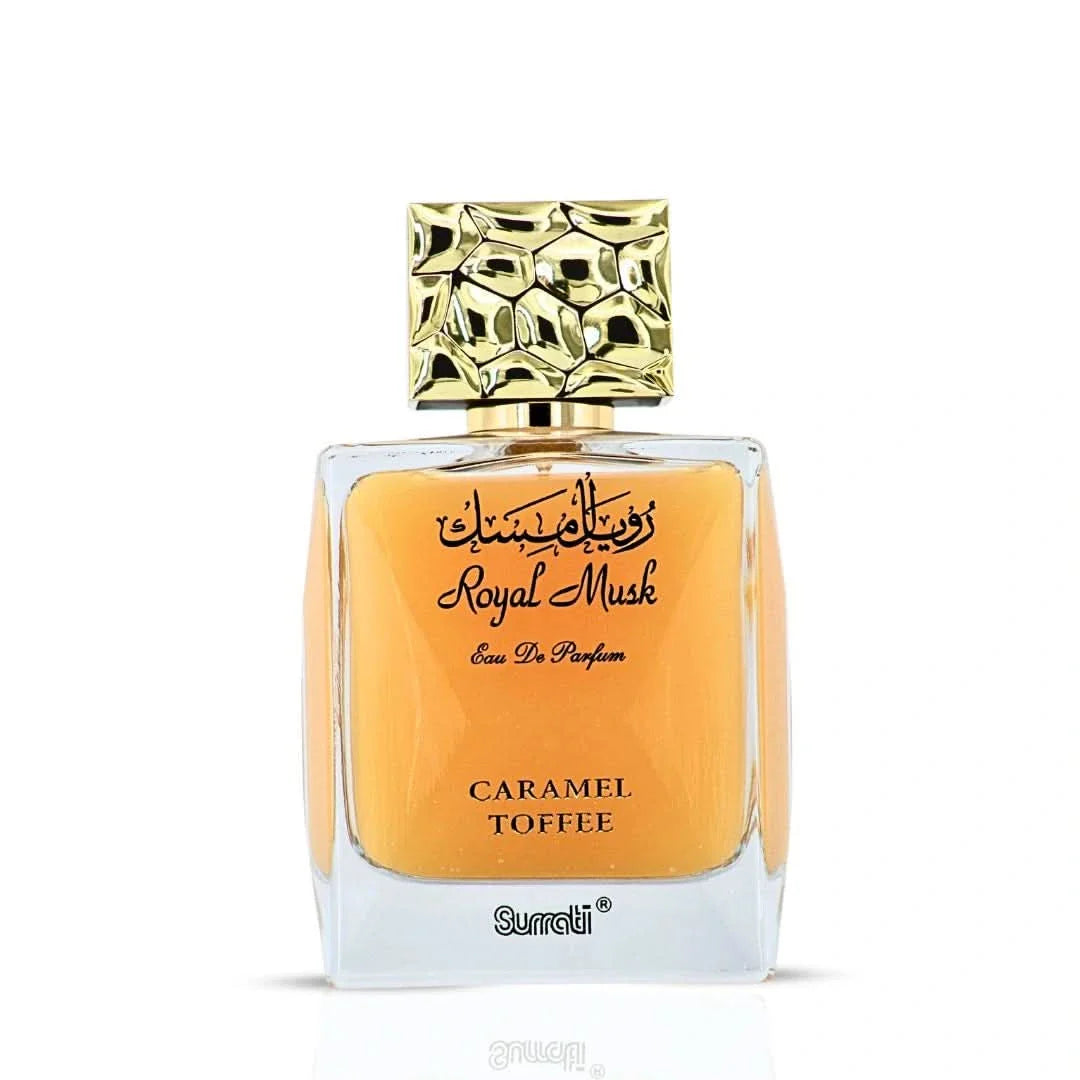 Surrati Royal Musk Caramel Toffee Eau de Parfum spray bottle, 100ml, with elegant packaging and a luxurious scent.