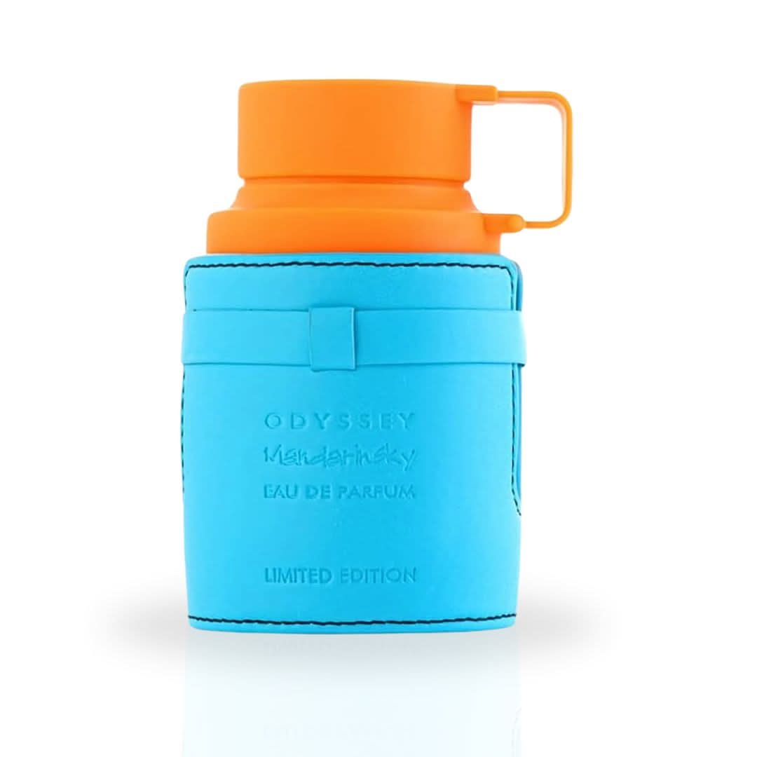 Odyssey Mandarin Sky Limited Edition Eau de Parfum spray by Armaf, 100ml, featuring a sleek bottle with a vibrant orange and blue design.