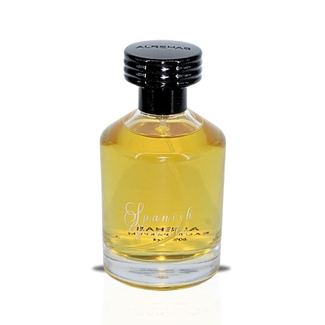 Spanish Vanilla Eau de Parfum spray by Al Rehab, 100ml bottle, featuring a sleek design and clear glass packaging.