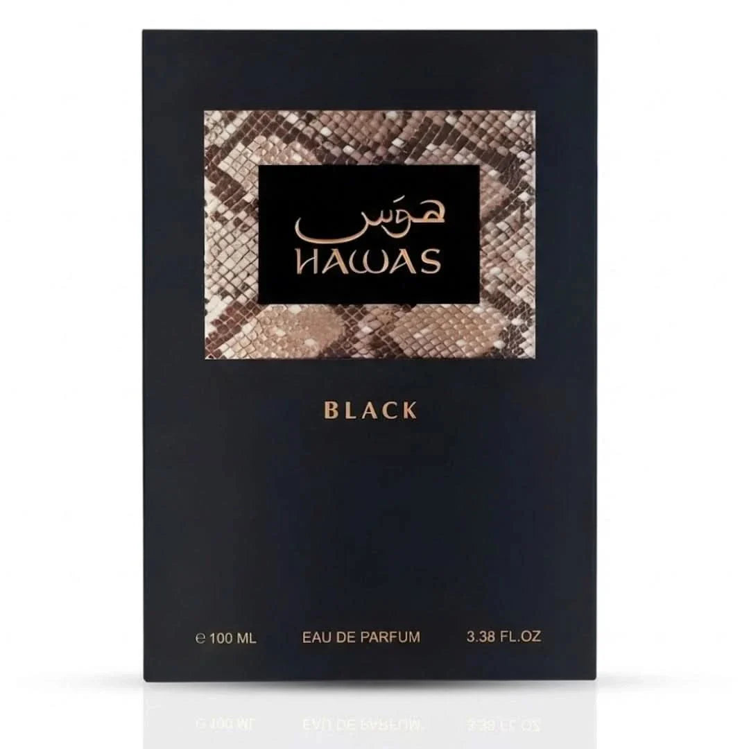 Hawas Black Eau de Parfum spray by Rasasi, 100ml bottle, elegant black packaging, showcasing the luxurious perfume.