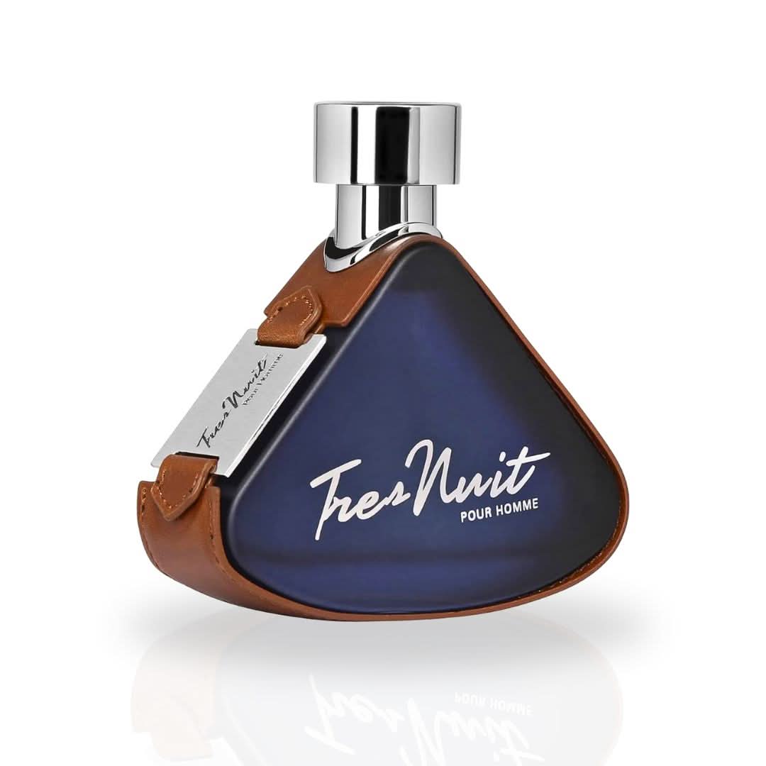 Armaf Tres Nuit Pour Homme Eau de Parfum spray bottle, 100ml, with sleek design and label visible.