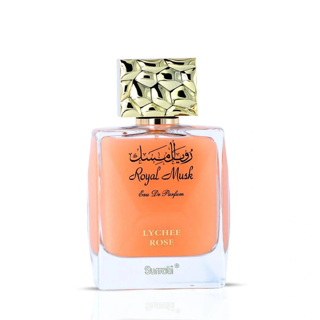 Surrati Royal Musk Lychee Rose Eau de Parfum spray bottle, 100ml, with elegant packaging and floral, musky scent.