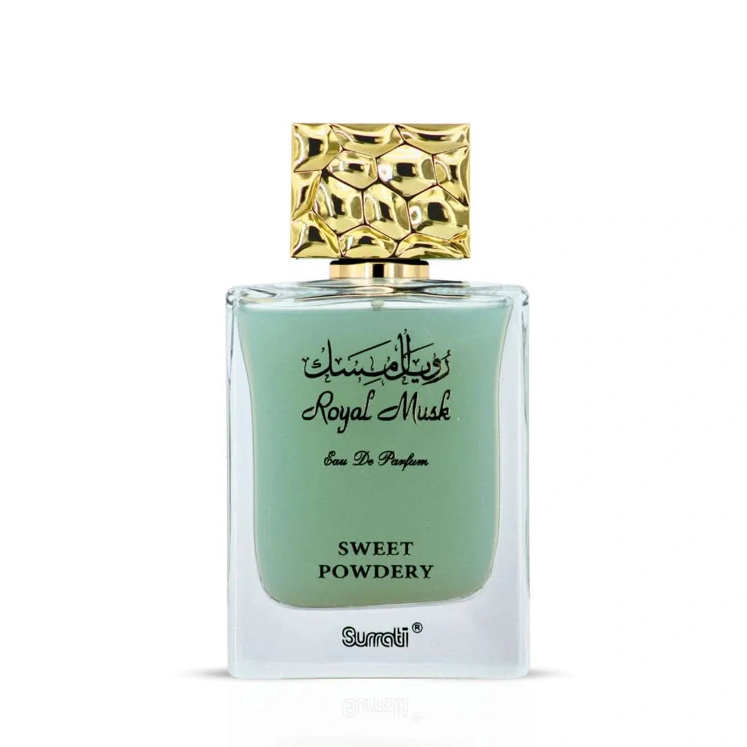 Surrati Royal Musk Sweet Powdery Eau de Parfum spray bottle, 100ml, with elegant packaging and fragrance notes visible.