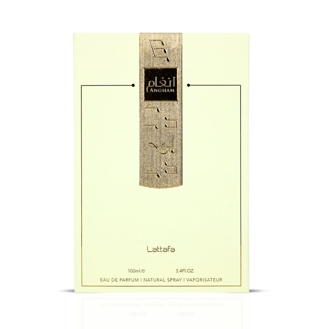 Lattafa Angham Eau de Parfum spray 100ml bottle with elegant packaging and floral design, showcasing the fragrance container.