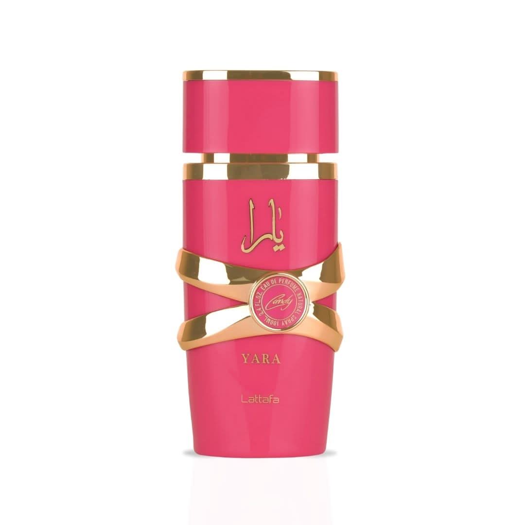 Lattafa Yara Candy Eau de Parfum spray 100ml bottle, elegant packaging with the fragrance visible in the image.
