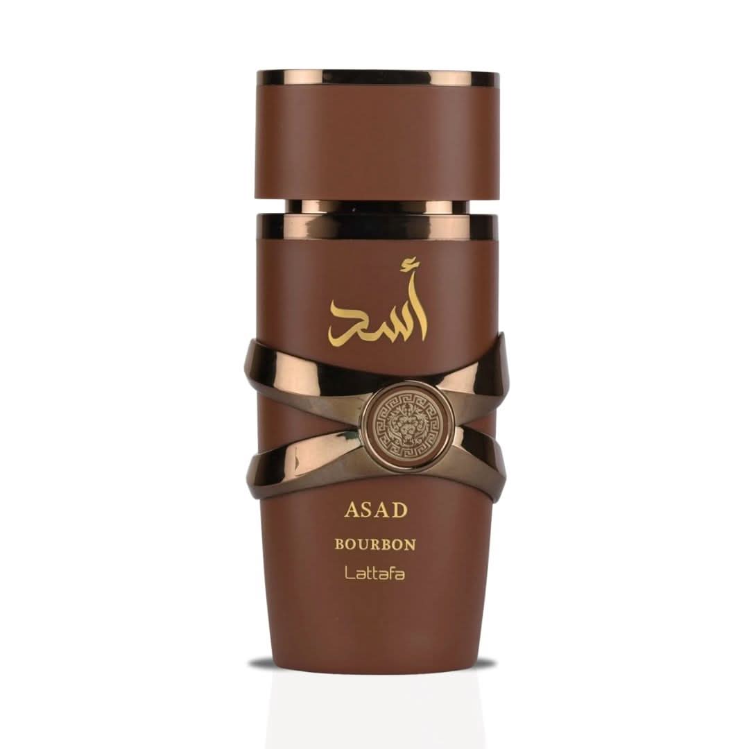 Lattafa Asad Bourbon Eau de Parfum spray 100ml bottle with elegant black and gold design, showcasing the luxurious fragrance packaging.