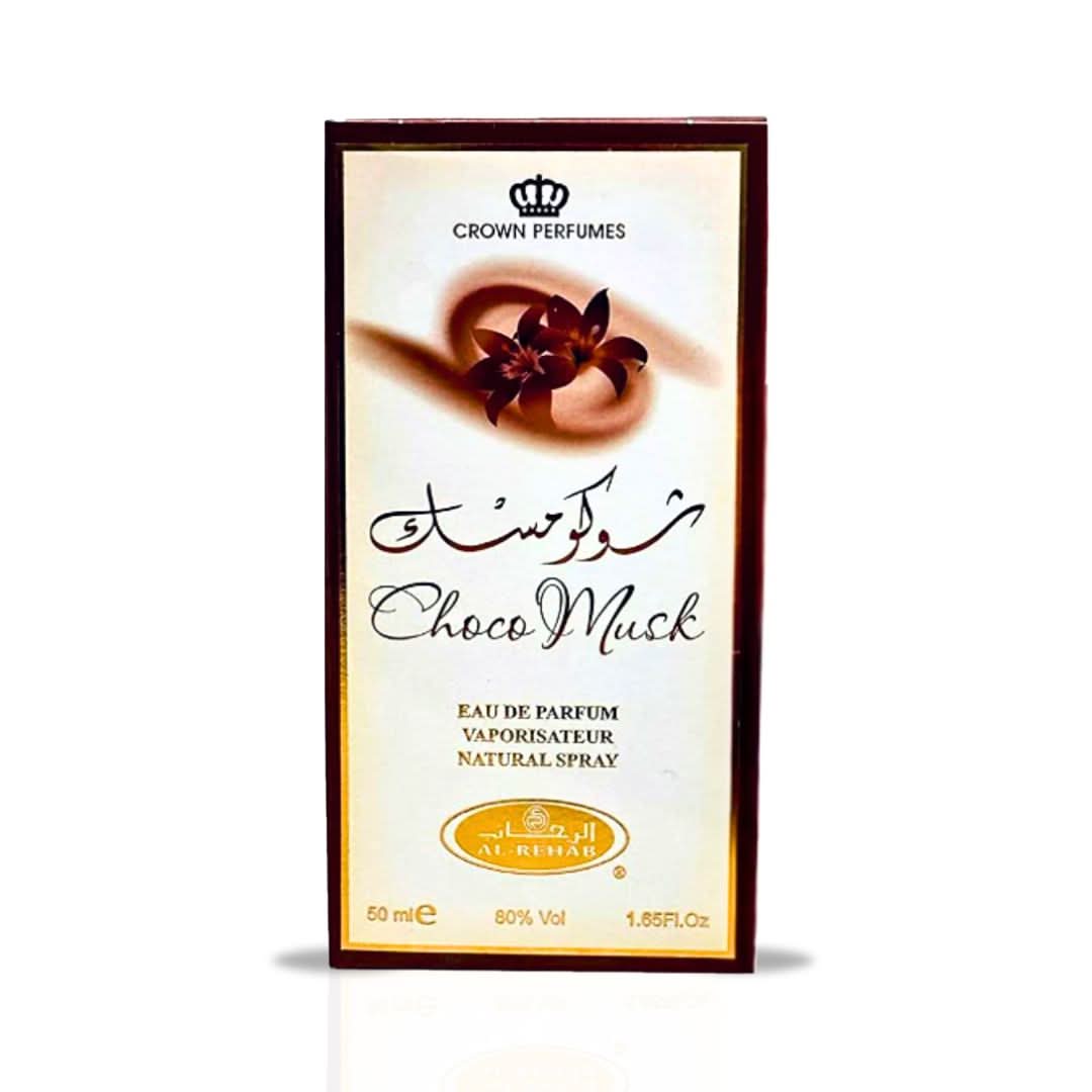 Al Rehab Choco Musk Eau de Parfum spray bottle, 50ml, with chocolate and musk notes, elegant packaging.