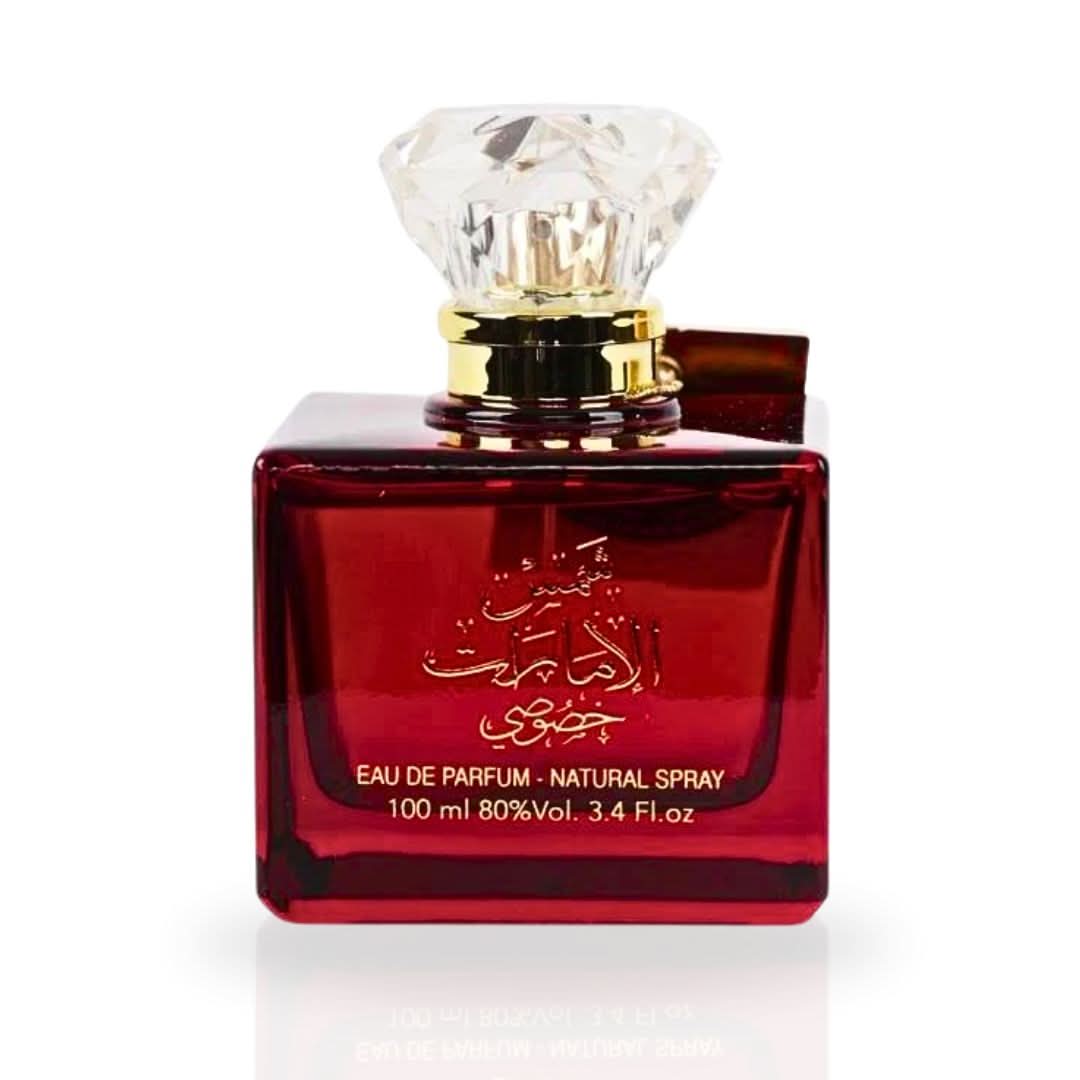 Ard Al Zaafaran Shams Al Emarat Khususi Eau de Parfum spray 100ml, elegant bottle with floral and spicy fragrance accents.