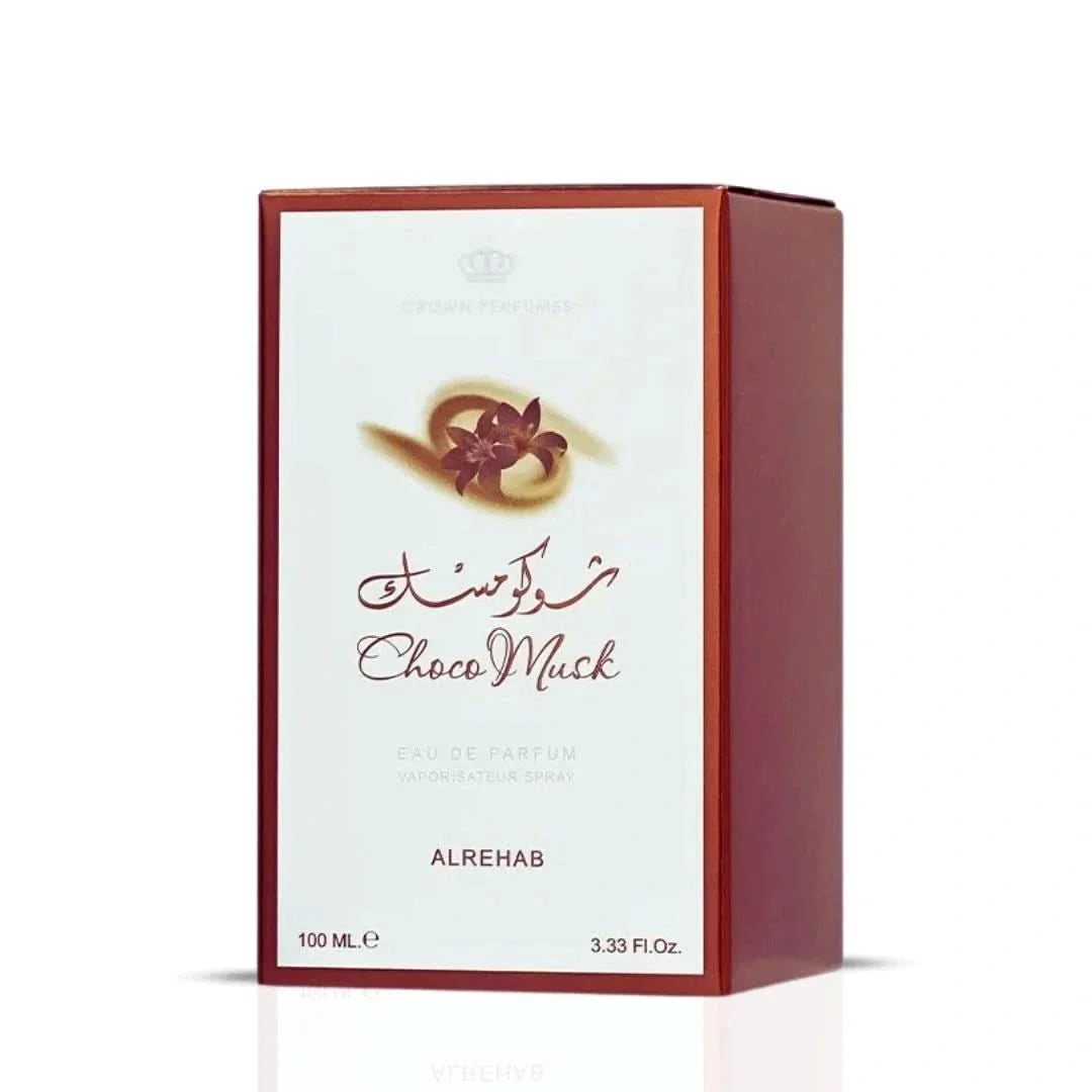 Al Rehab Choco Musk Eau de Parfum spray 100ml bottle with black cap and elegant packaging, showcasing the fragrance's luxurious design.