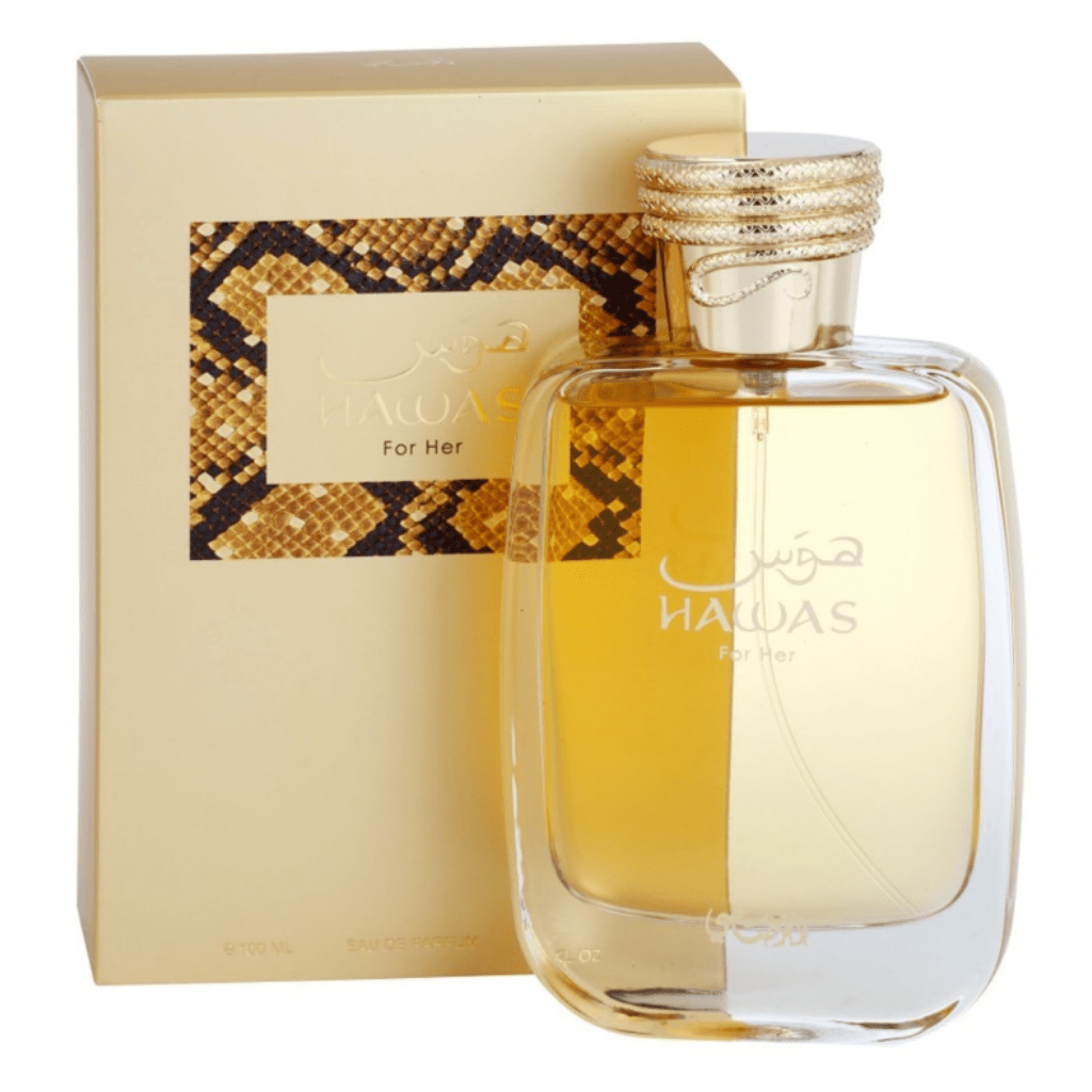 Rasasii Hawas for Her Eau de Parfum spray 100ml bottle, elegant design, showcasing the fragrance bottle for women.