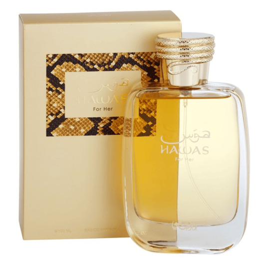 Rasasii Hawas for Her Eau de Parfum spray 100ml bottle, elegant design, showcasing the fragrance bottle for women.