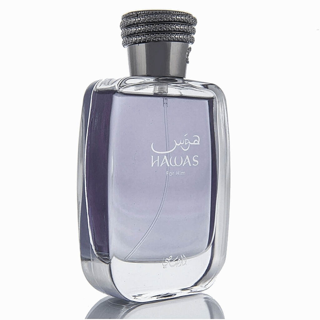 Rasasi Hawas for Men Eau de Parfum spray 100ml bottle, elegant design with a dark blue cap and clear glass showcasing the fragrance.