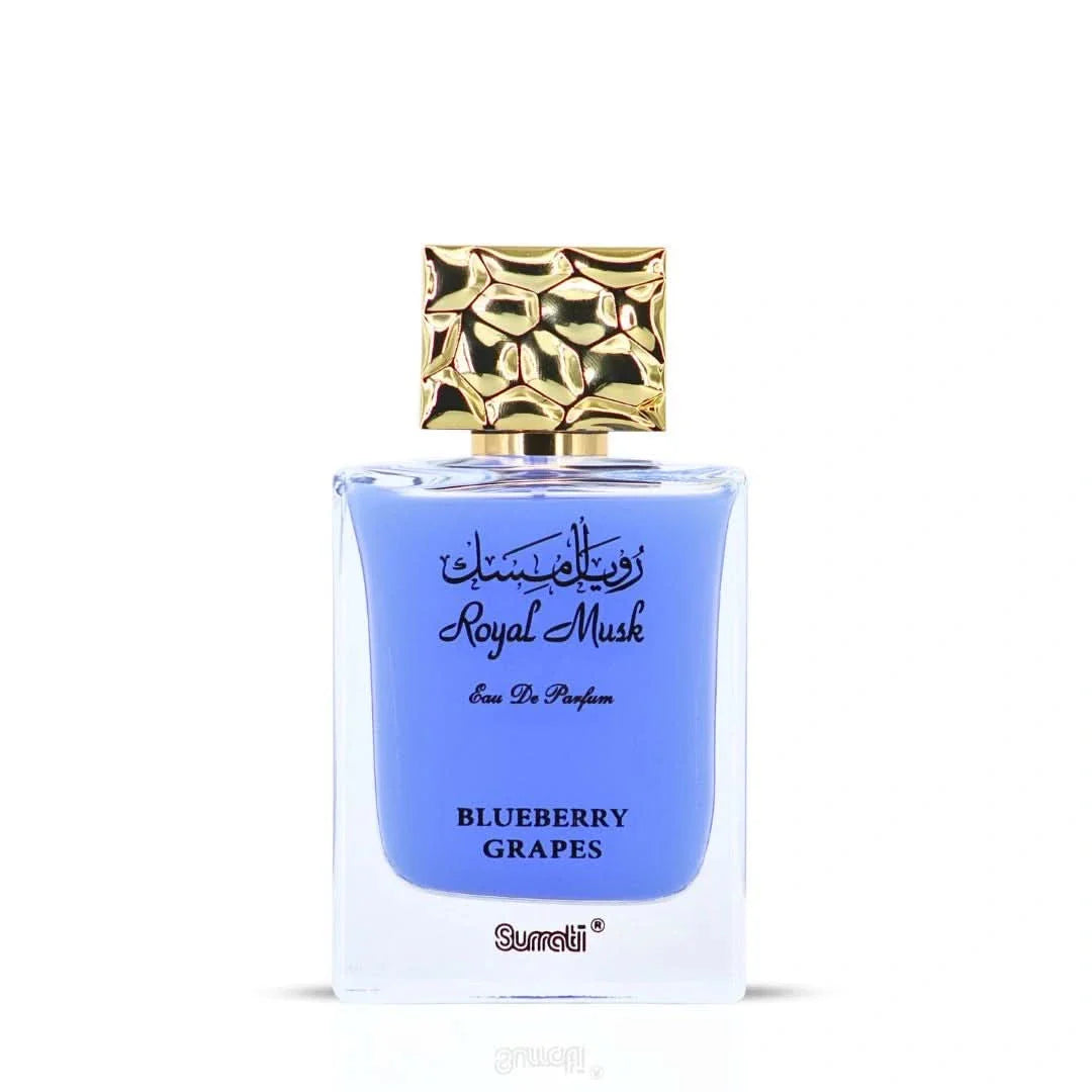 Surrati Royal Musk Blueberry Grapes Eau de Parfum spray bottle, 100ml, with elegant packaging and floral design.
