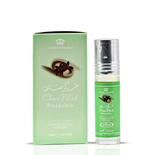 Set of three Al Rehab Choco Musk Pistachio perfume oil bottles, 6ml each, featuring clear containers with black caps and brownish liquid inside.