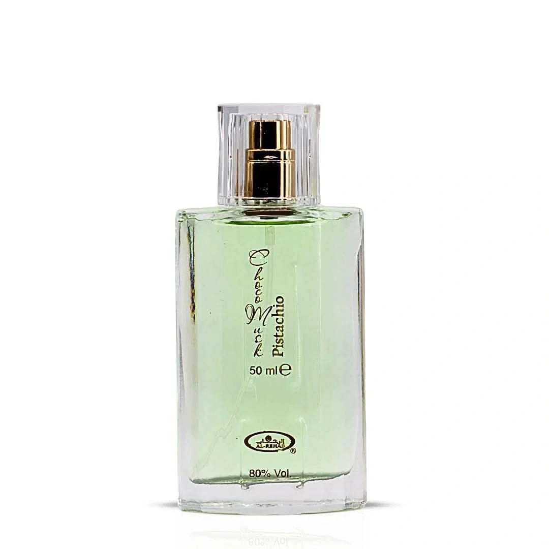 Al Rehab Choco Musk Pistachio Eau de Parfum spray bottle, 50ml, with elegant packaging and pistachio and chocolate scent details.
