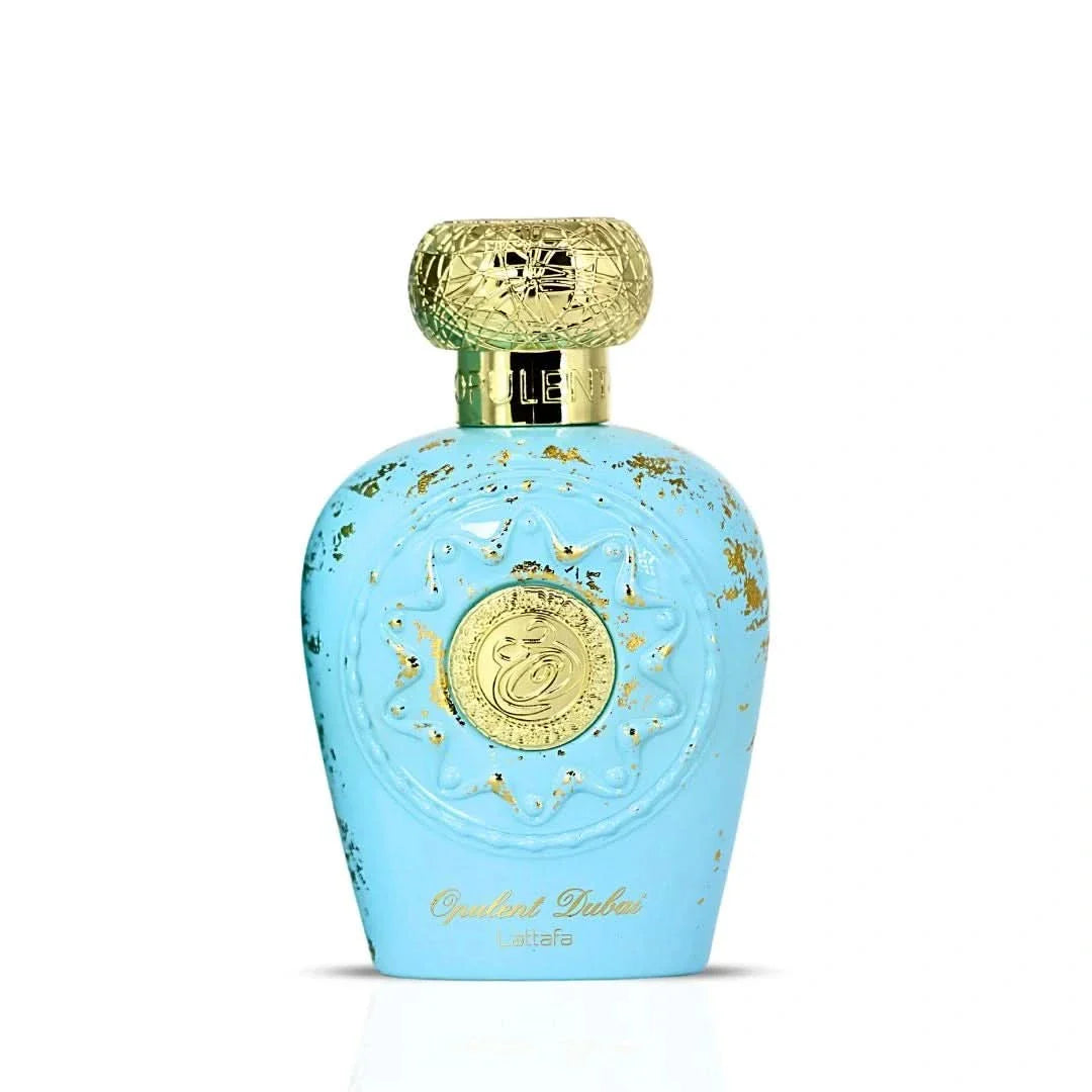 Opulent Dubai Eau de Parfum Spray by Lattafa, 100ml bottle with elegant packaging, showcasing the luxurious fragrance design.