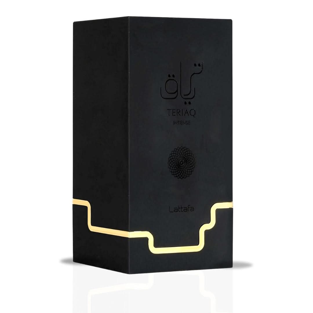 Lattafa Teriaq Intense Eau de Parfum spray 100ml with elegant bottle and packaging, showcasing luxurious fragrance design.