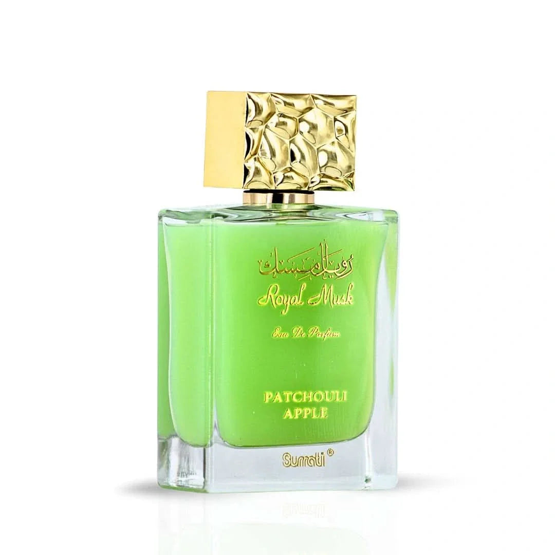 Surrati Royal Musk Patchouli Apple Eau de Parfum Spray 100ml bottle with elegant packaging and floral accents.
