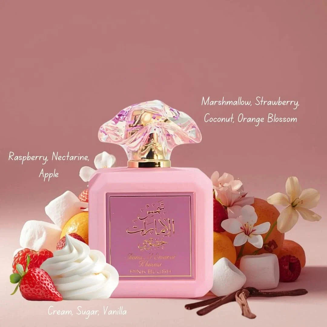 Ard Al Zaafaran perfume bundle with Pink Blush Shams Al Emarat 100ml and Yara 50ml Eau de Parfum sprays, featuring elegant bottles.