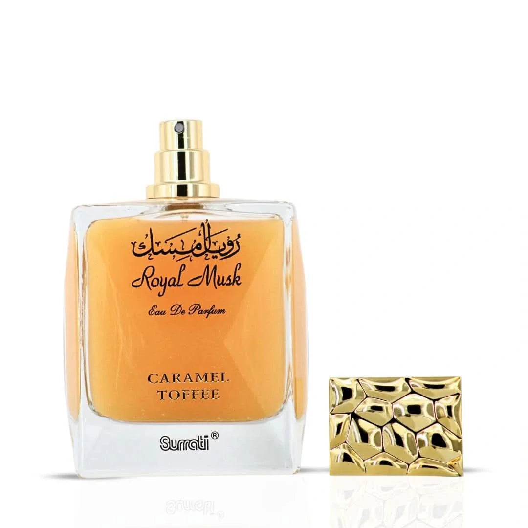 Surrati Royal Musk Caramel Toffee Eau de Parfum spray bottle, 100ml, featuring elegant packaging and a luxurious fragrance design.