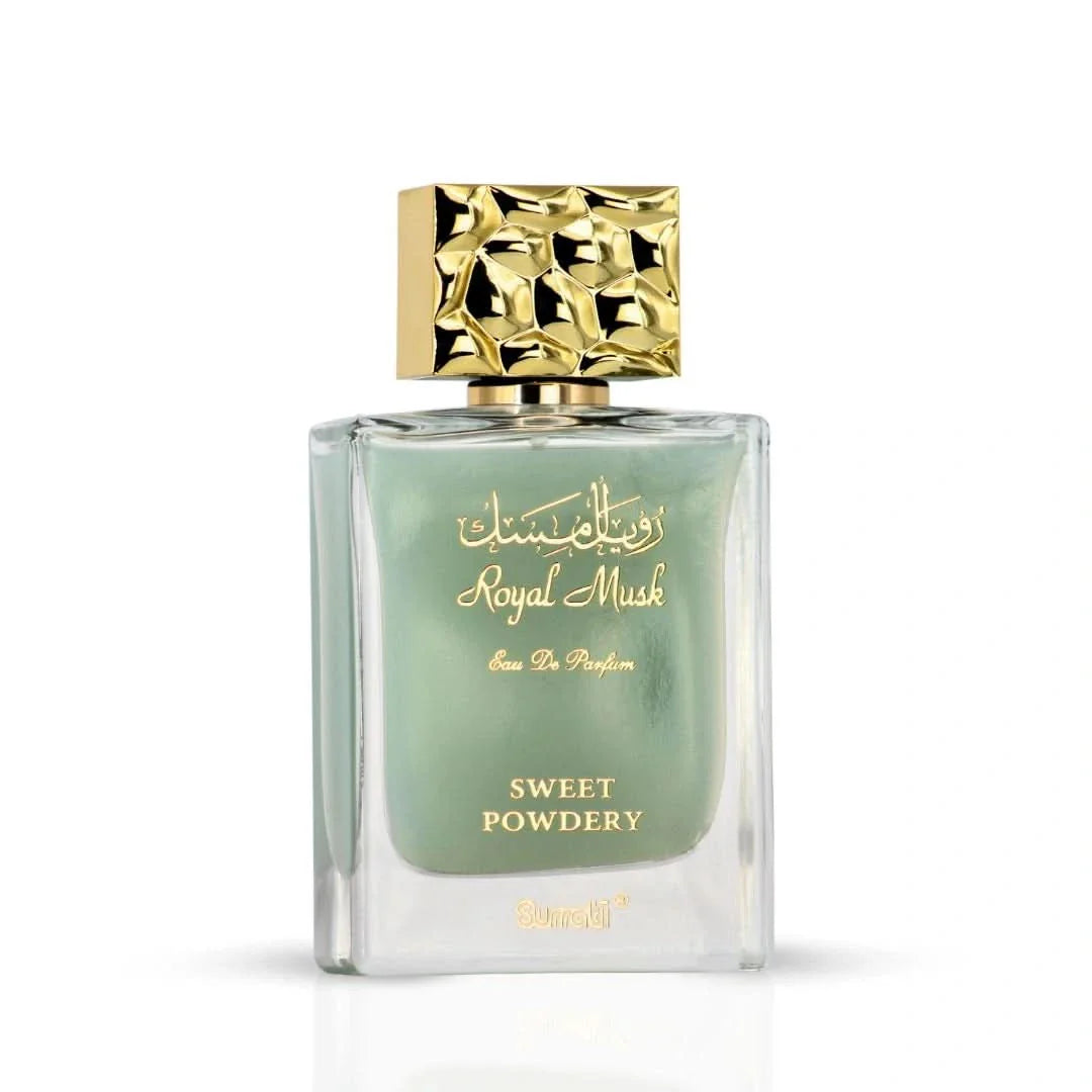 Surrati Royal Musk Sweet Powdery Eau de Parfum spray bottle, 100ml, with elegant packaging and floral scent details.