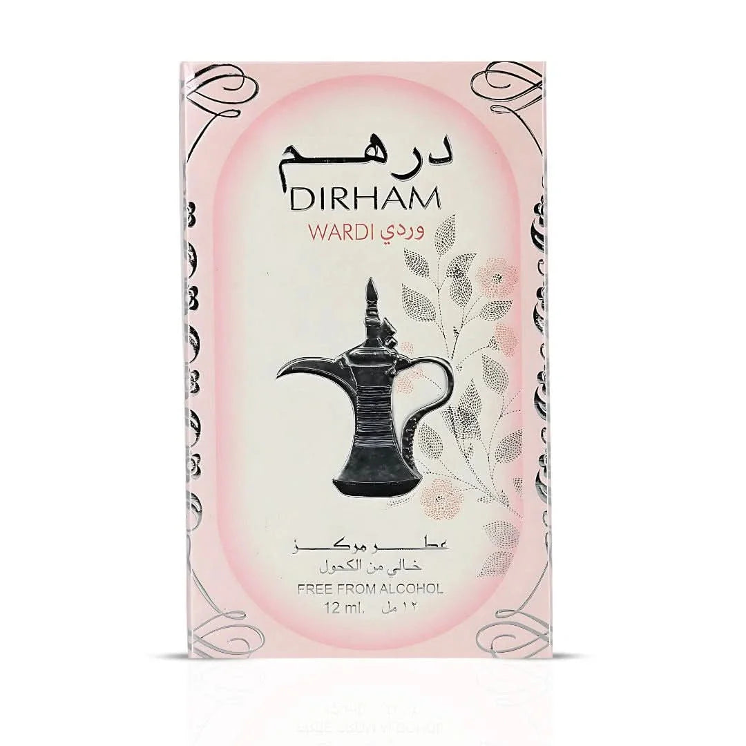 Dirham Wardi CPO by Ard Al Zaafaran, 12ml concentrated perfume oil bottle with floral Wardi scent and elegant packaging.