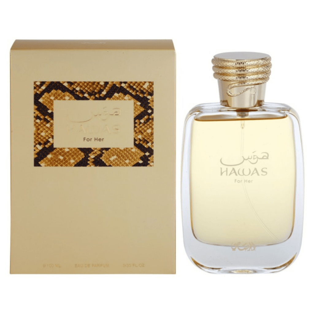 Rasasai Hawas for Her Eau de Parfum spray 100ml bottle, showcasing elegant packaging and the perfume's design.