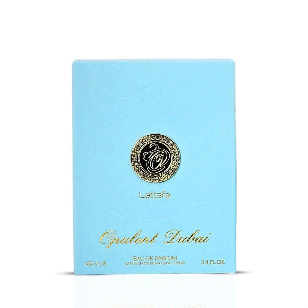 Opulent Dubai Eau de Parfum Spray by Lattafa, 100ml, featuring elegant perfume bottle and luxurious gold accents.