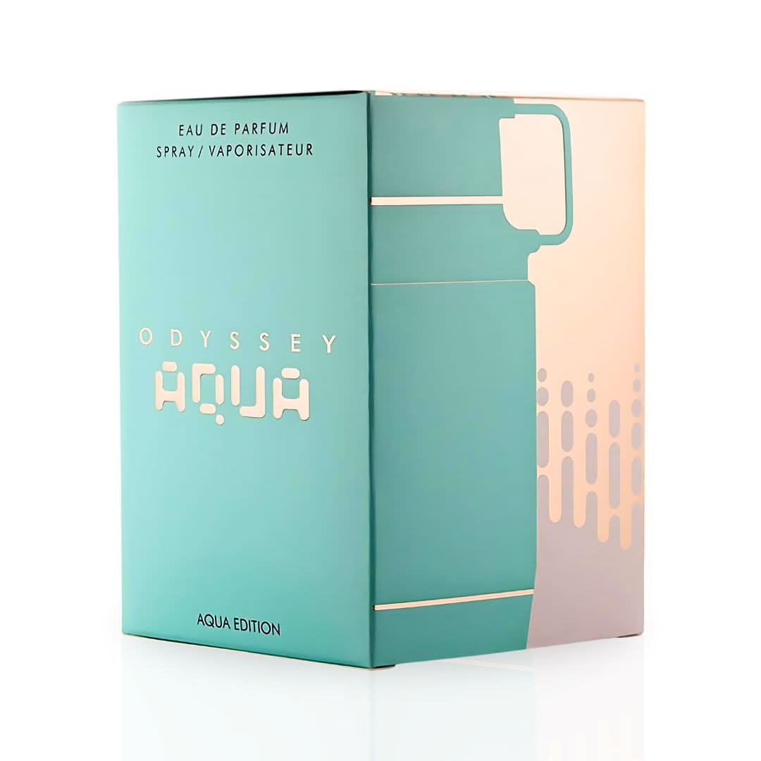Odyssey Aqua Edition Eau de Parfum spray by Armaf, 100ml, with sleek bottle design and ocean-inspired packaging.