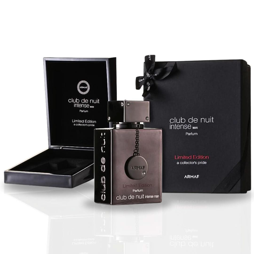 Armaf Club De Nuit Intense Man Limited Edition Pure Parfum Gift Box with 105ml EDP extract, featuring the fragrance bottle and packaging.