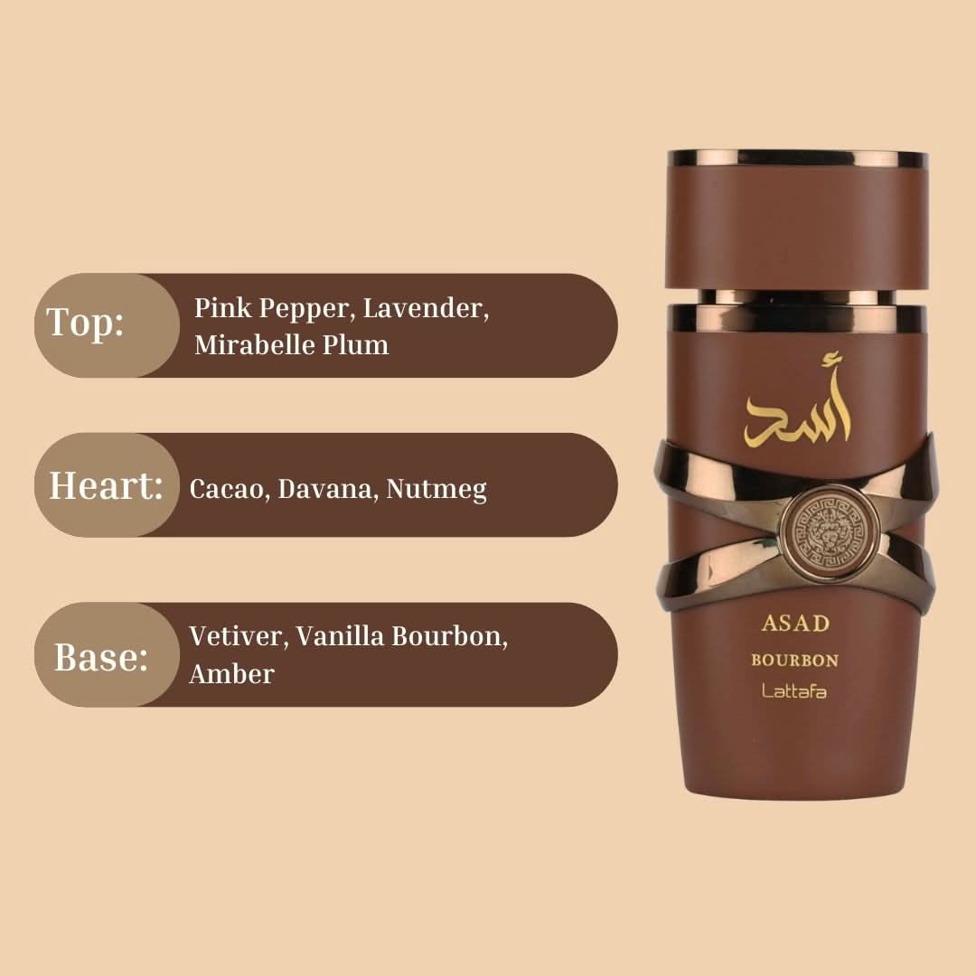 Lattafa Asad Bourbon Eau de Parfum spray 100ml bottle with sleek design and dark-colored cap.
