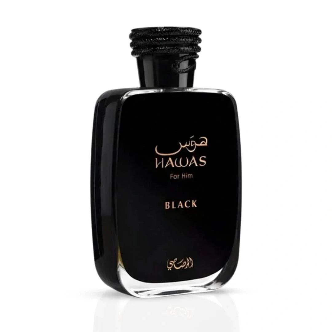 Hawas Black Eau de Parfum Spray by Rasasi, 100ml, featuring the sleek black bottle with elegant design.