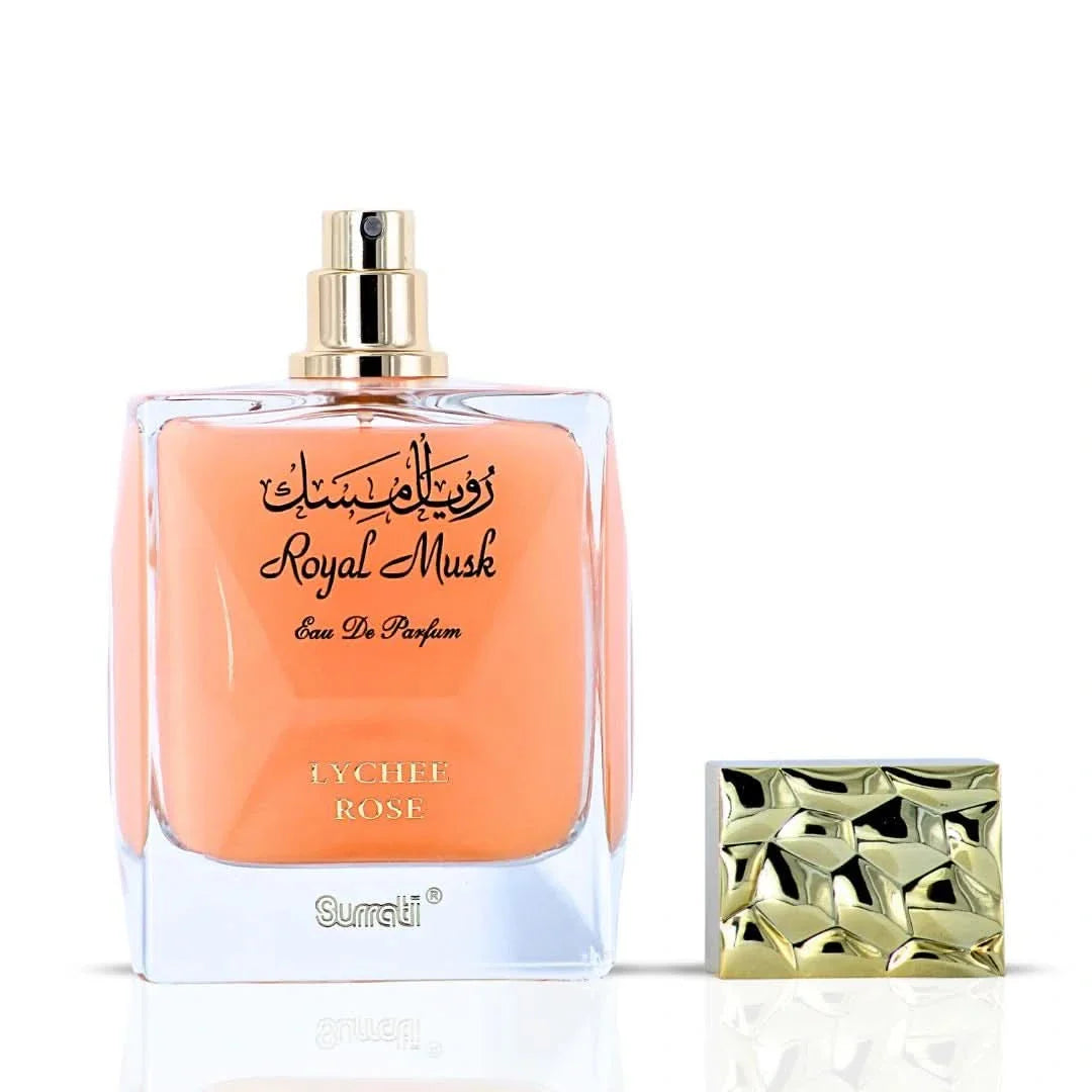 Surrati Royal Musk Lychee Rose Eau de Parfum spray bottle, 100ml, with floral and musky fragrance design.